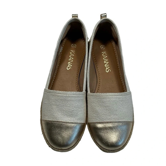 KAANAS Women's Espadrilles Sz 10 Marseille Cap Toe Two Toned Gold Jute Leather - Picture 2 of 8